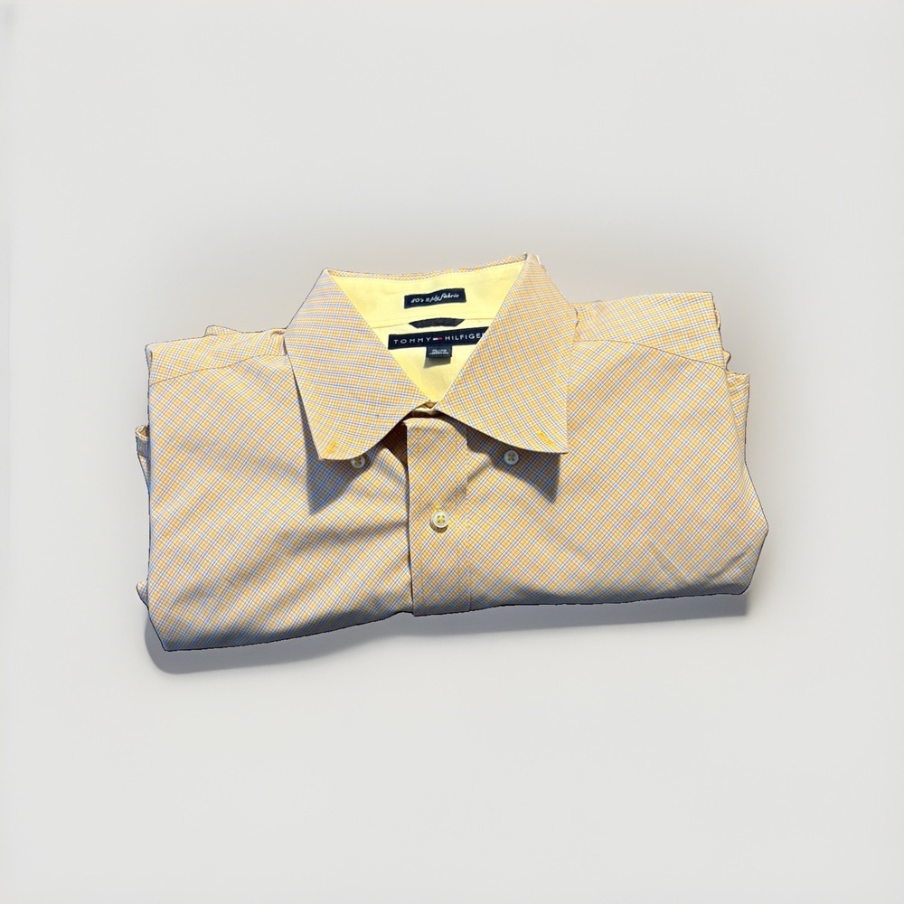 Tommy Hilfiger Dress Shirt XL Regular Fit Beige Check Pocket Long Sleeve